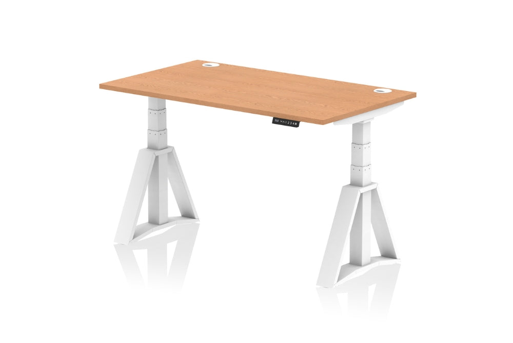 Air Height Adjustable Oak Desk With Cable Ports With Piste Foot