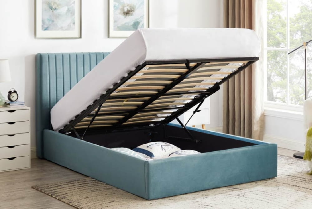 Ophelia Sky Blue Velvet Double Ottoman Bed