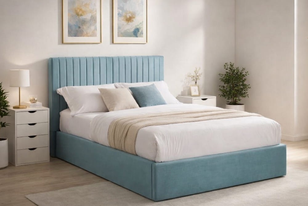 Ophelia Sky Blue Velvet Double Ottoman Bed
