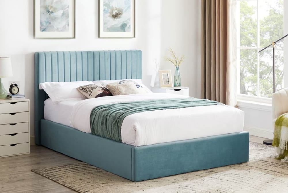 Ophelia Sky Blue Velvet Double Ottoman Bed
