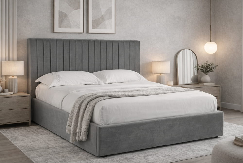 Ophelia Smoked Grey Velvet Ottoman Bed