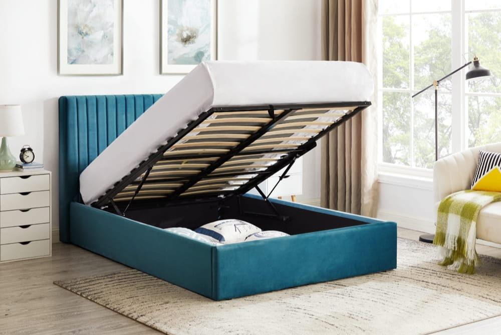 Ophelia Teal Velvet Double Ottoman Bed