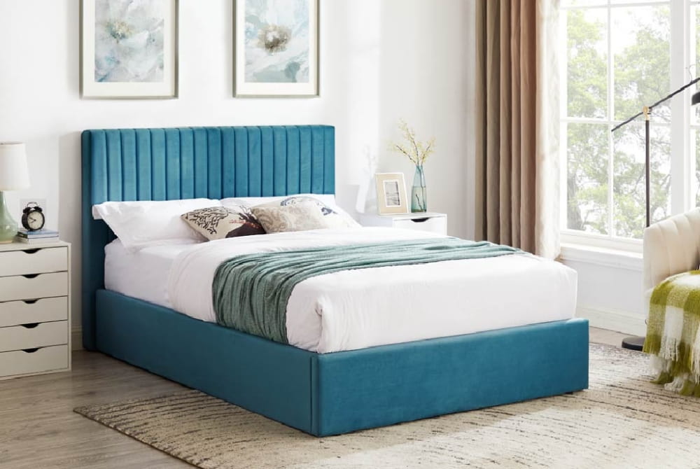 Ophelia Teal Velvet Double Ottoman Bed
