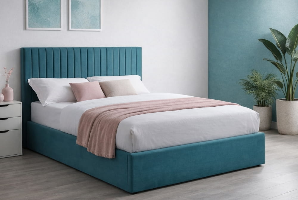 Ophelia Teal Velvet Double Ottoman Bed