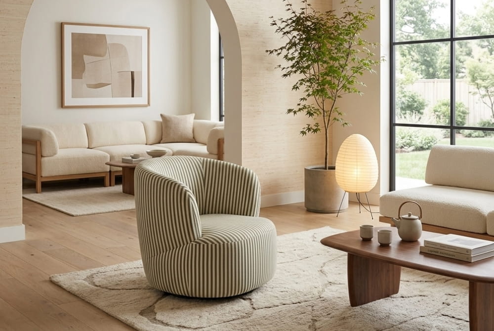 The Oasis Olive Green and White Stripe Swivel Lounge Chair
