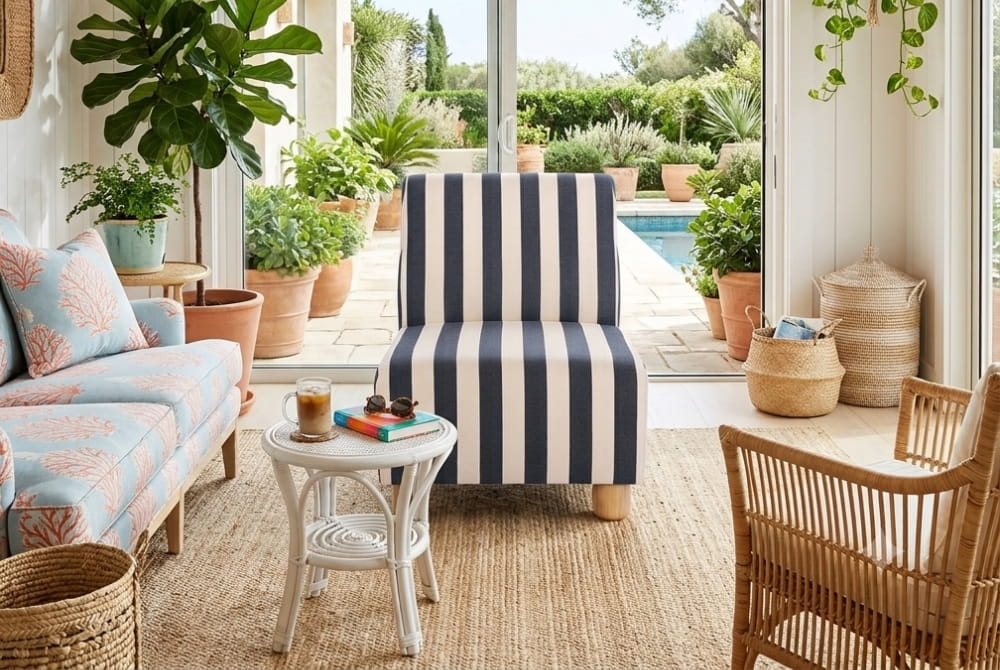 The Promenade Black and White Stripe Armless Chair with Wooden Feet