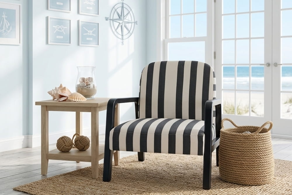 The Seafarer Black and White Stripe Armchair with Wooden Frame