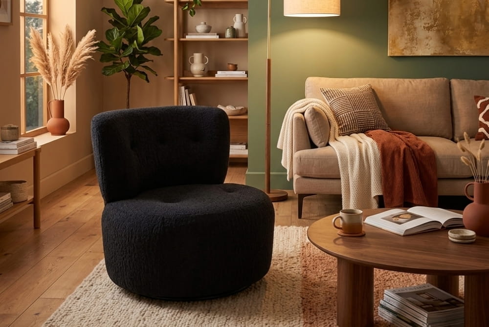 The Shadow Black Textured Curved Swivel Lounge Chair