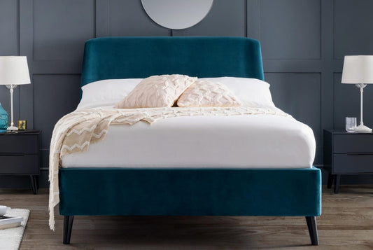 Frida Curved Teal Velvet Upholstered Double Bed