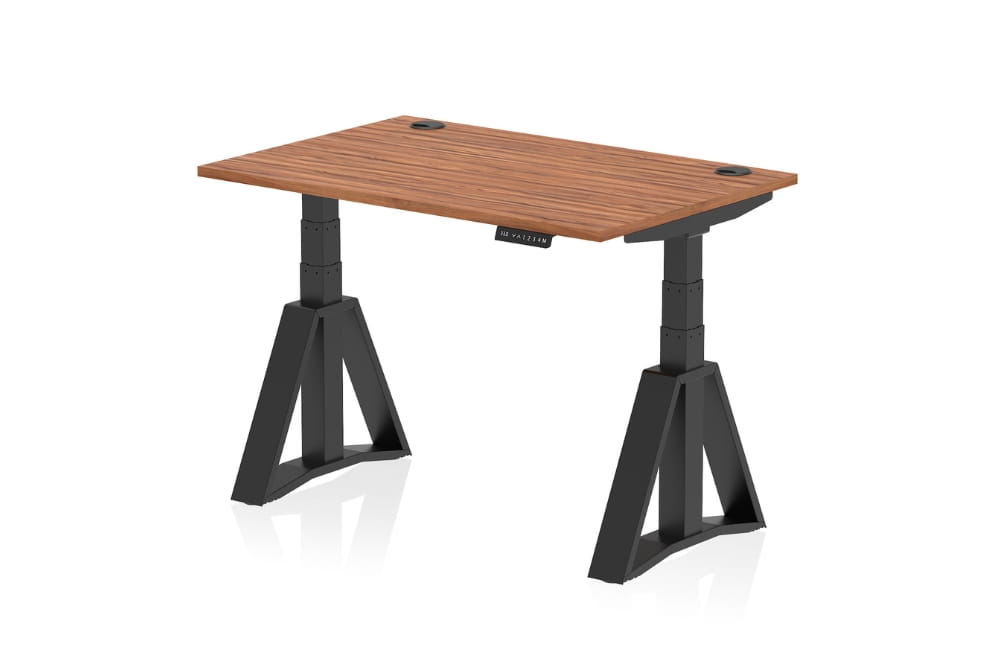 Air Height Adjustable Walnut Desk With Cable Ports With Piste Foot