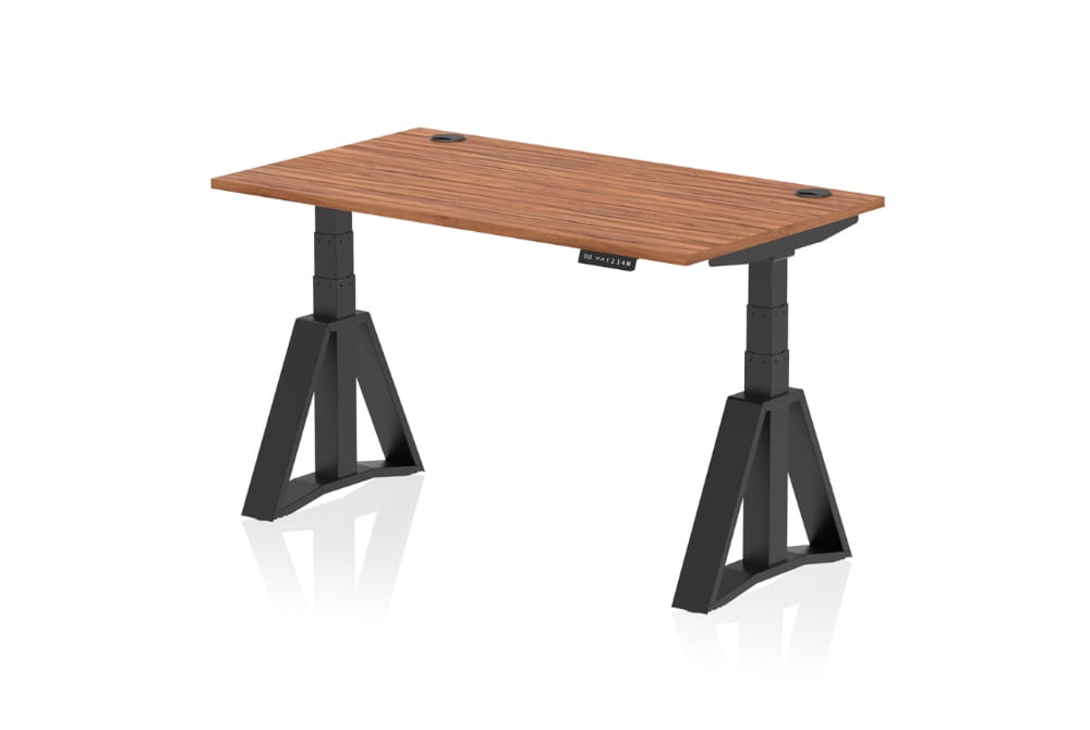 Air Height Adjustable Walnut Desk With Cable Ports With Piste Foot