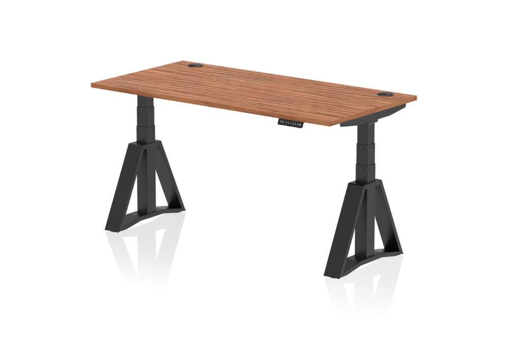 Air Height Adjustable Walnut Desk With Cable Ports With Piste Foot
