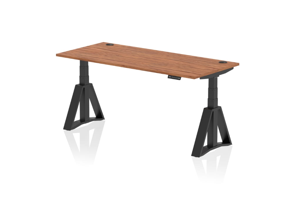 Air Height Adjustable Walnut Desk With Cable Ports With Piste Foot