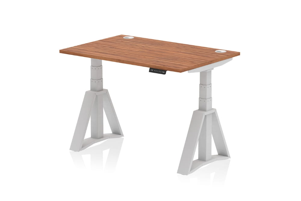 Air Height Adjustable Walnut Desk With Cable Ports With Piste Foot