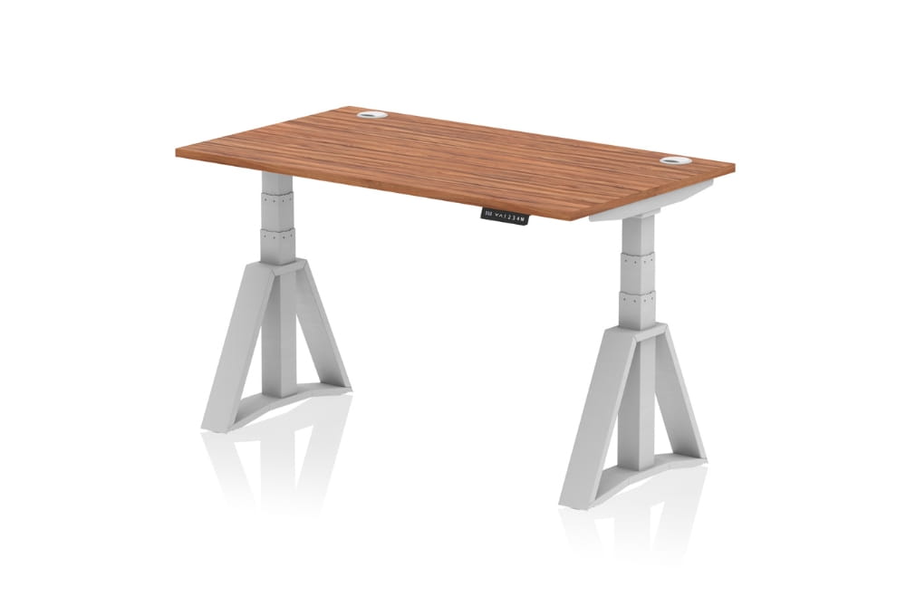 Air Height Adjustable Walnut Desk With Cable Ports With Piste Foot