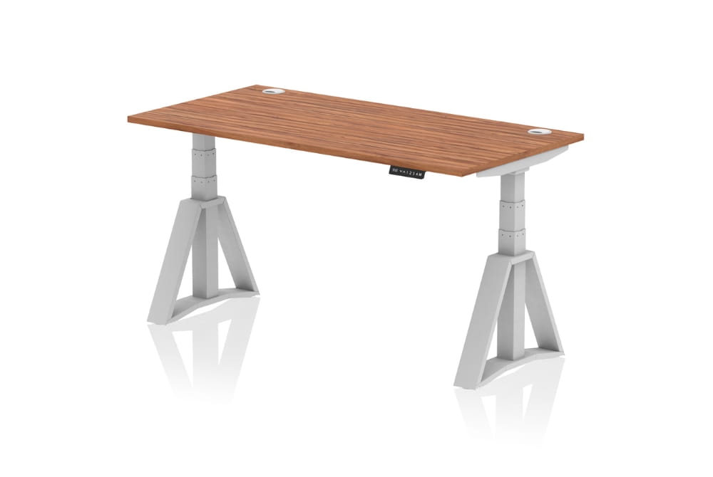 Air Height Adjustable Walnut Desk With Cable Ports With Piste Foot