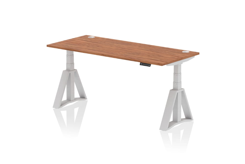Air Height Adjustable Walnut Desk With Cable Ports With Piste Foot