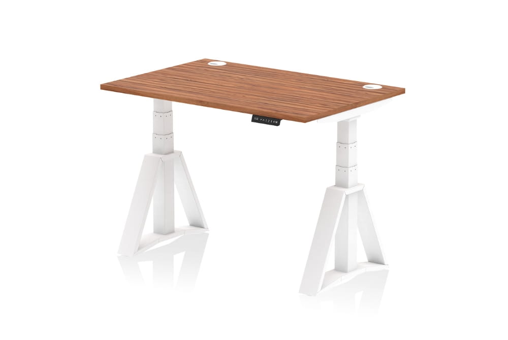 Air Height Adjustable Walnut Desk With Cable Ports With Piste Foot