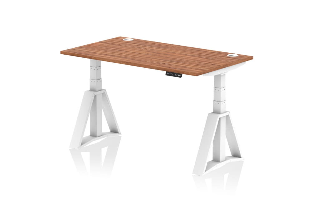 Air Height Adjustable Walnut Desk With Cable Ports With Piste Foot