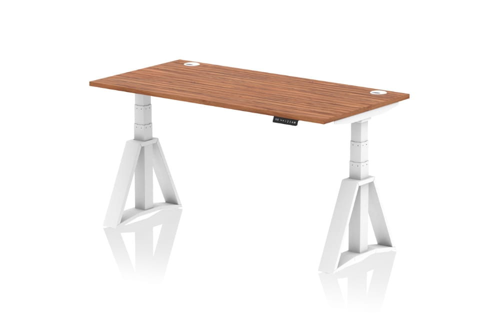 Air Height Adjustable Walnut Desk With Cable Ports With Piste Foot
