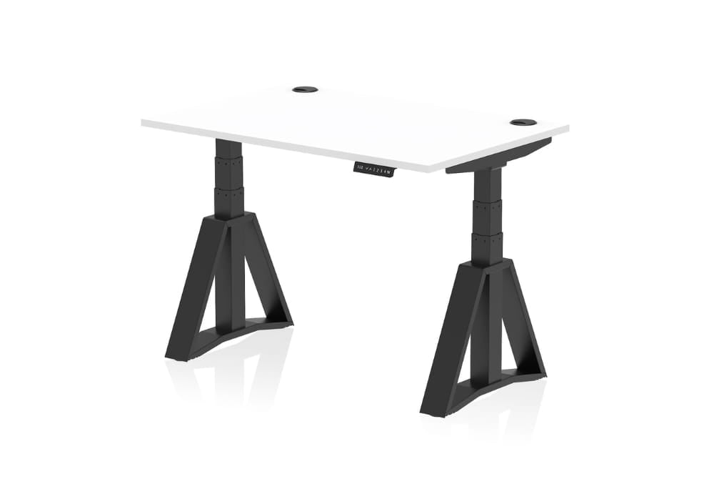 Air Height Adjustable White Desk With Cable Ports With Piste Foot