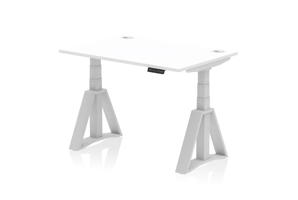 Air Height Adjustable White Desk With Cable Ports With Piste Foot