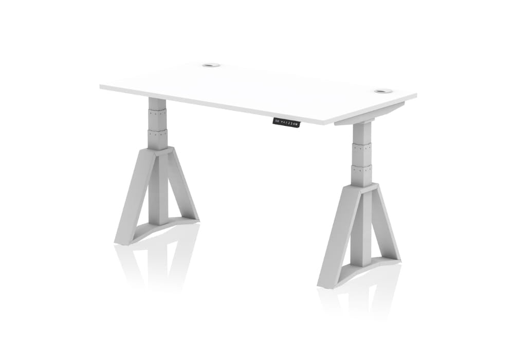 Air Height Adjustable White Desk With Cable Ports With Piste Foot