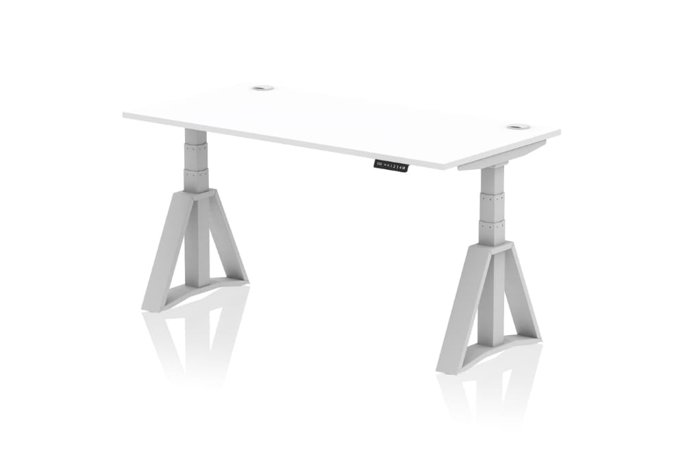 Air Height Adjustable White Desk With Cable Ports With Piste Foot