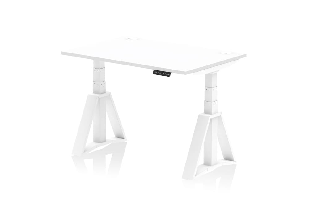 Air Height Adjustable White Desk With Cable Ports With Piste Foot