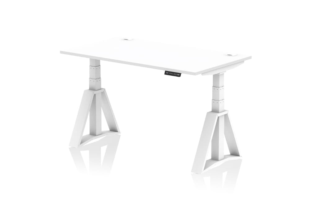 Air Height Adjustable White Desk With Cable Ports With Piste Foot