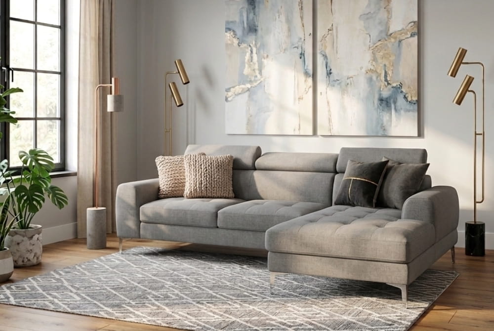 Hanover Grey Linen Corner Sofa with Adjustable Headrests